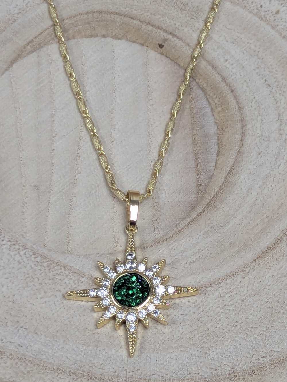 Emerald Green Druzy Starburst Necklace 18K Gold Plated Celestial Fall Jewelry - Picture 5 of 5